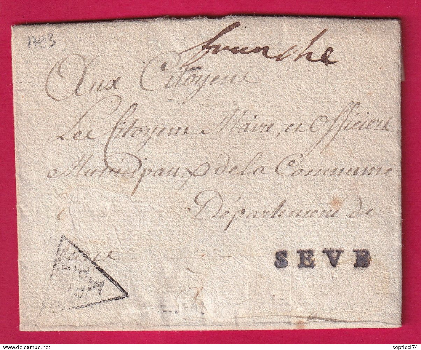 MARQUE FRANCHE DE SEVRES SEINE PASSEE PAR PETITE POSTE PARIS PP TRIANGULAIRE DU BUREAU K 1793 LETTRE - 1701-1800: Precursors XVIII