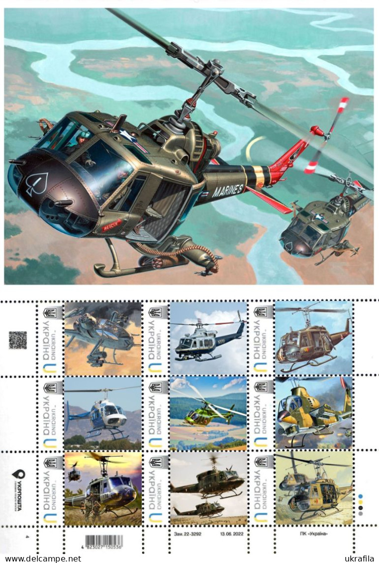 Ukraine 2022, Aeronautics History, Aviation, Bell Helicopters, Sheetlet Of 9v - Ukraine