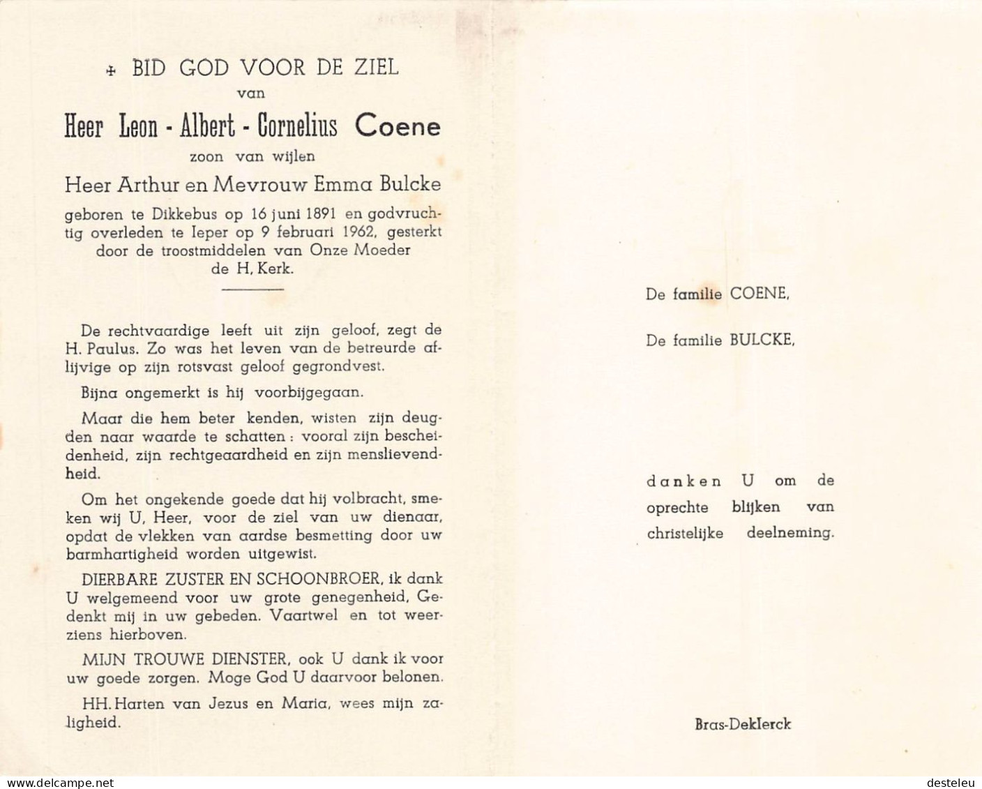 Doodsprentje / Image Mortuaire Leon Coene - Bulcke - Dikkebus Ieper - 1891-1962 - Todesanzeige