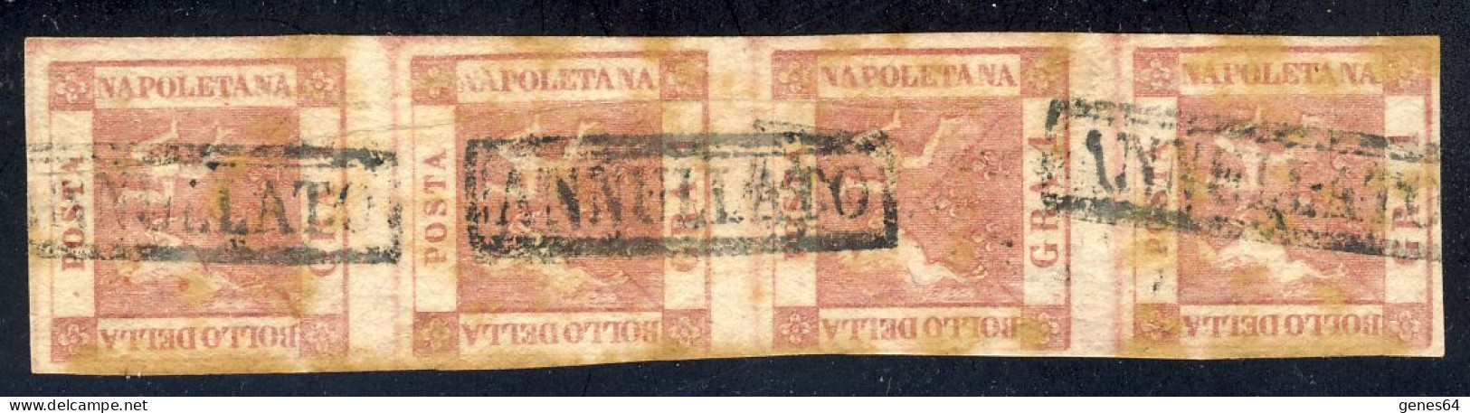 1858 - 1 Grana II Tavola In Striscia Di 4 Con Annullato In Cartella Con Ingiallimenti Al Verso - Sigla A.D. (1 Immagine) - Naples