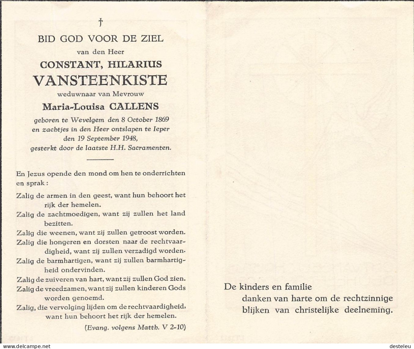 Doodsprentje / Image Mortuaire Constant Vansteenkiste - Callens - Wevelgem 1869-1948 - Obituary Notices
