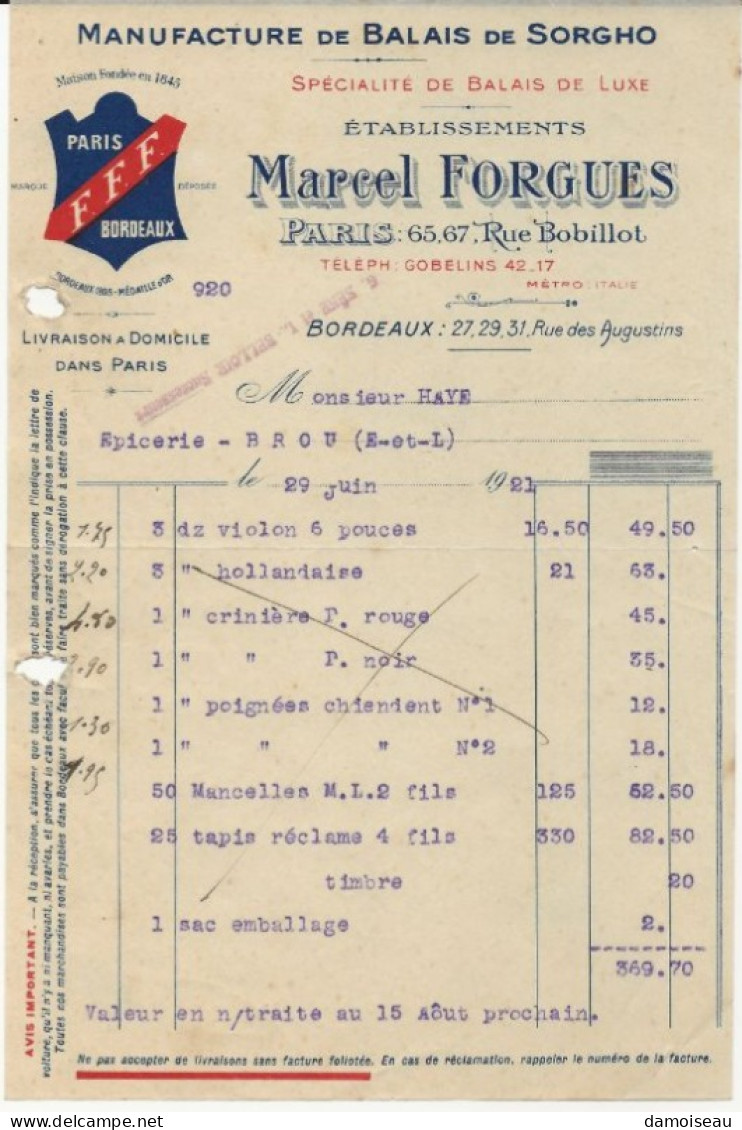 Facture, Manufacture De Balais De Sorgho, Marcel Forgues, Paris, Bordeaux, F.F.F. 1920. - 1900 – 1949