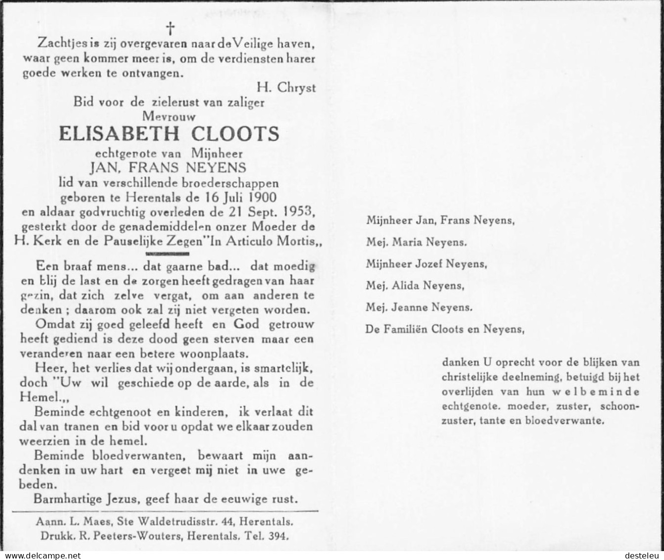 Doodsprentje / Image Mortuaire Elisabeth Cloots - Neyens - Herentals 1900-1953 - Todesanzeige
