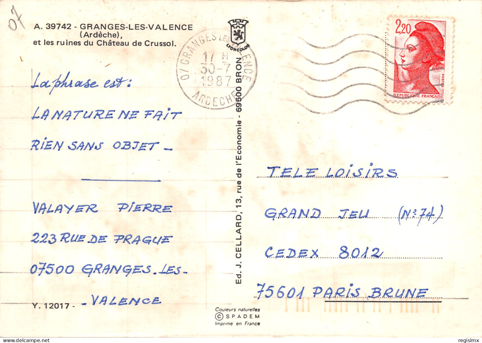 07-GRANGES LES VALENCE-N°340-B/0385 - Other & Unclassified