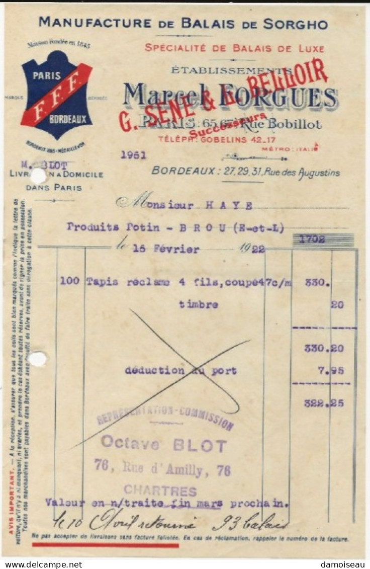 Facture N°2, Manufacture De Balais De Sorgho, Marcel Forgues, Paris, Bordeaux, F.F.F. 1922. - 1900 – 1949