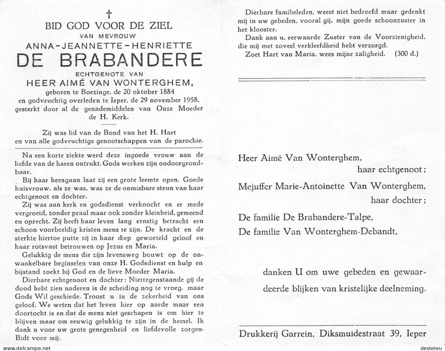 Doodsprentje / Image Mortuaire Anna De Brabandere - Van Wonterghem - Boezinge Ieper 1884-1958 - Avvisi Di Necrologio