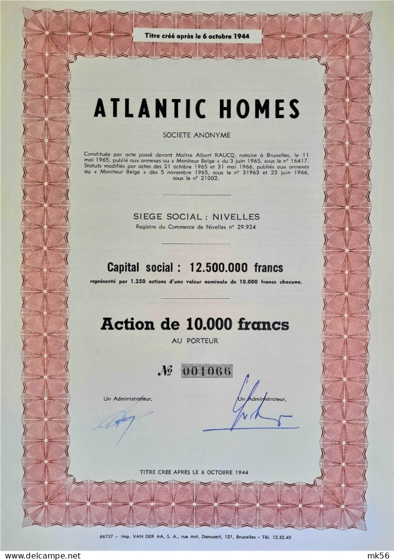 Atlantic Homes - Nivelles - Action De 10,000 Francs - 1966 - Otros & Sin Clasificación