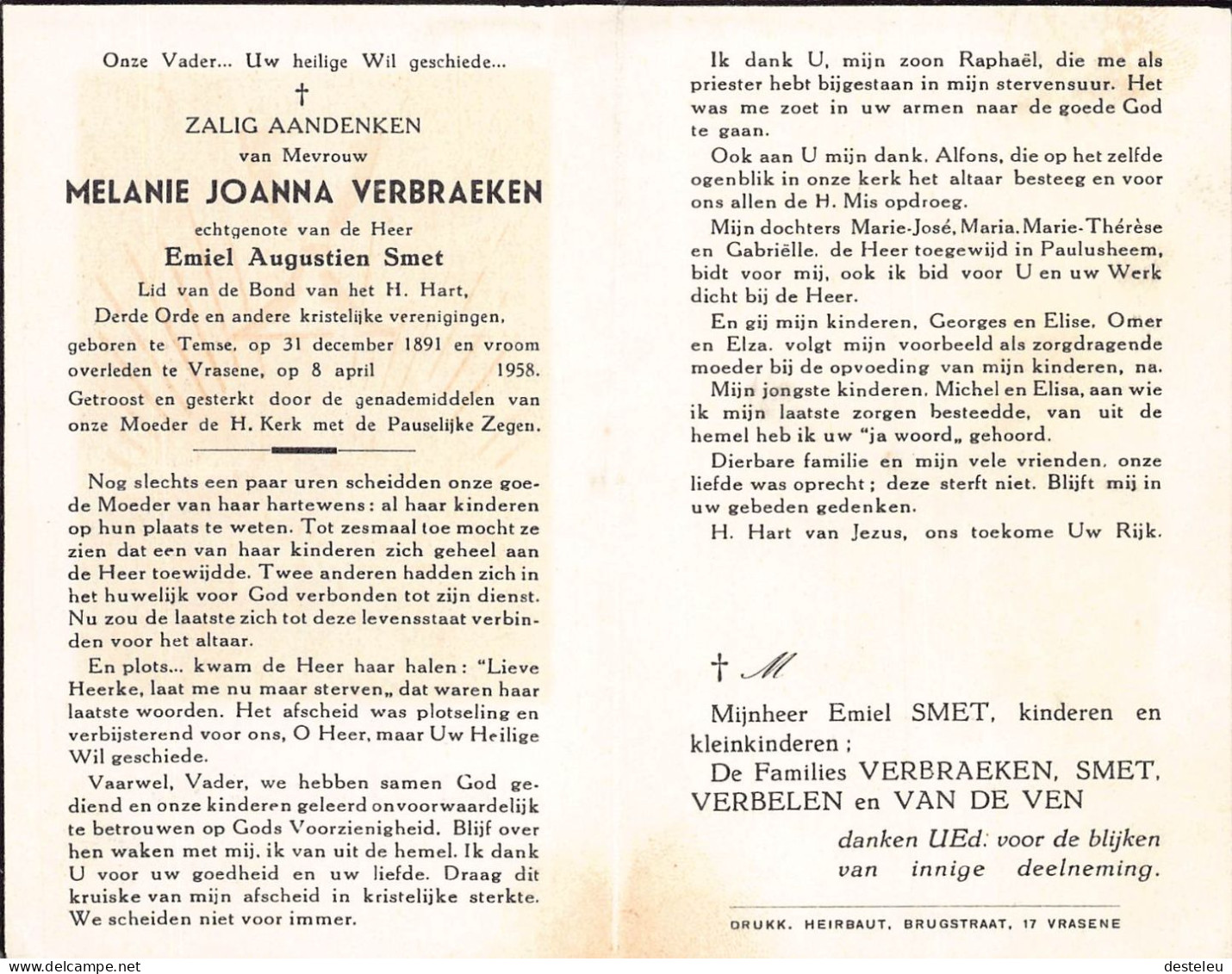 Doodsprentje / Image Mortuaire Melanie Verbraeken - Smet - Temse Vrasene 1891-1958 - Décès