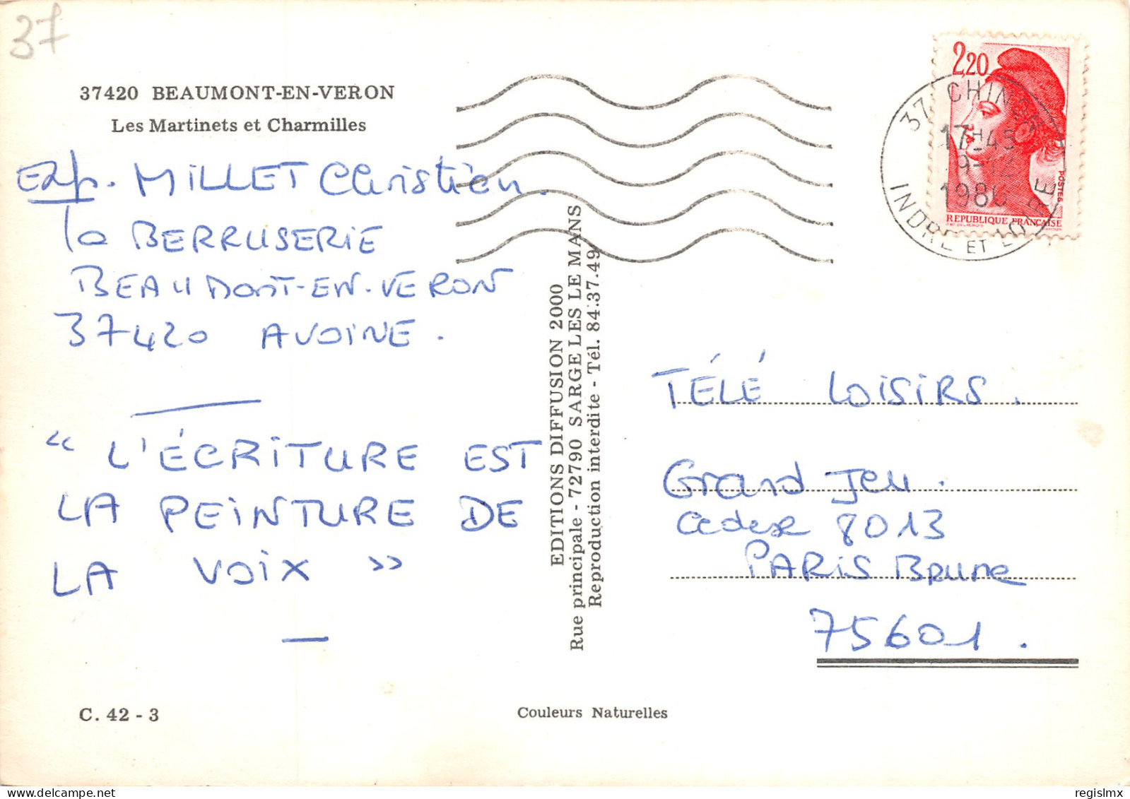 37-BEAUMONT EN VERON-N°343-B/0263 - Other & Unclassified