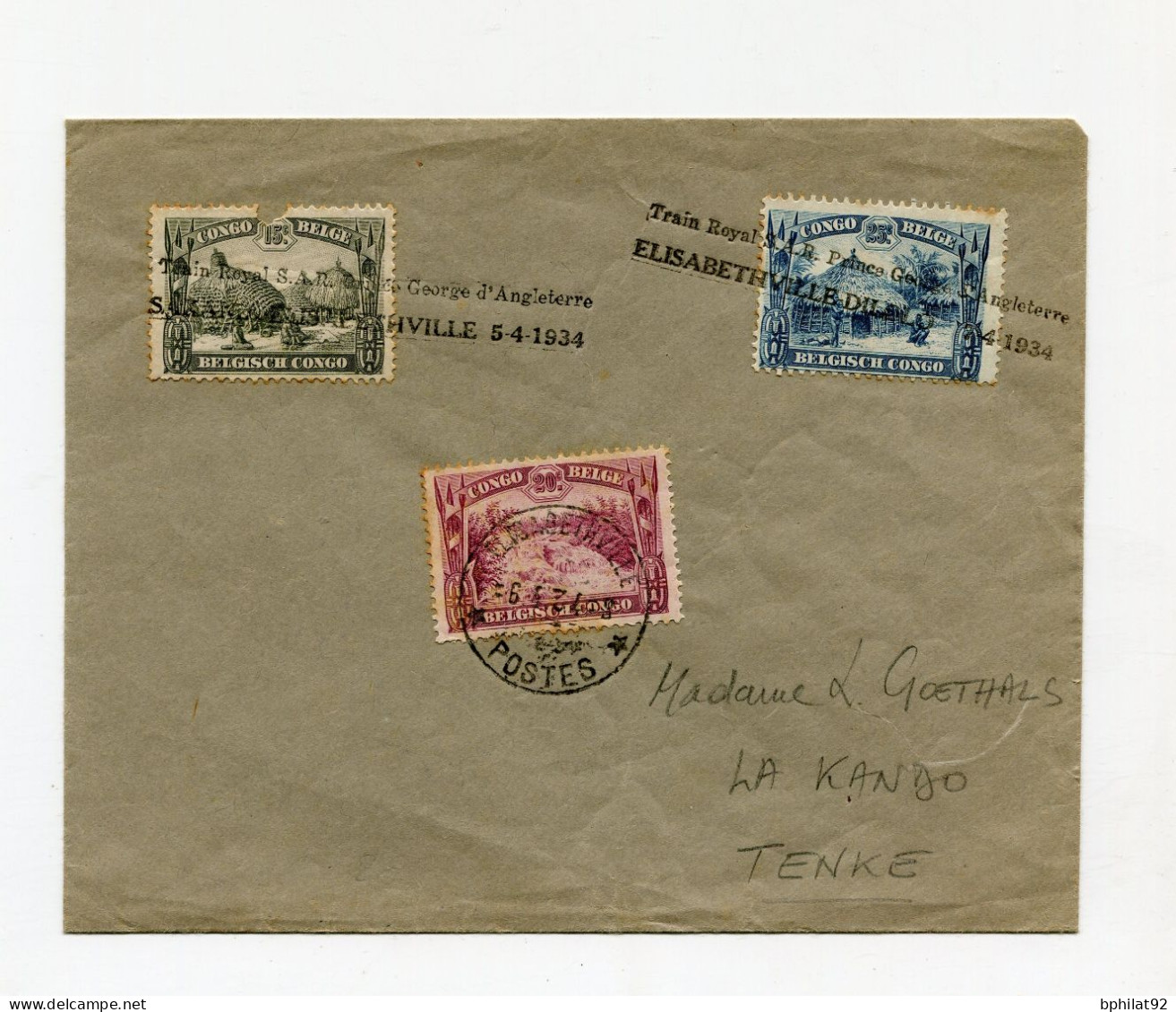 !!! CONGO BELGE, LETTRE POUR LA KANDO AVEC CACHET TRAIN ROYAL DE SAR PRINCE GEORGES D'ANGLETERRE DE 1934 - Covers & Documents