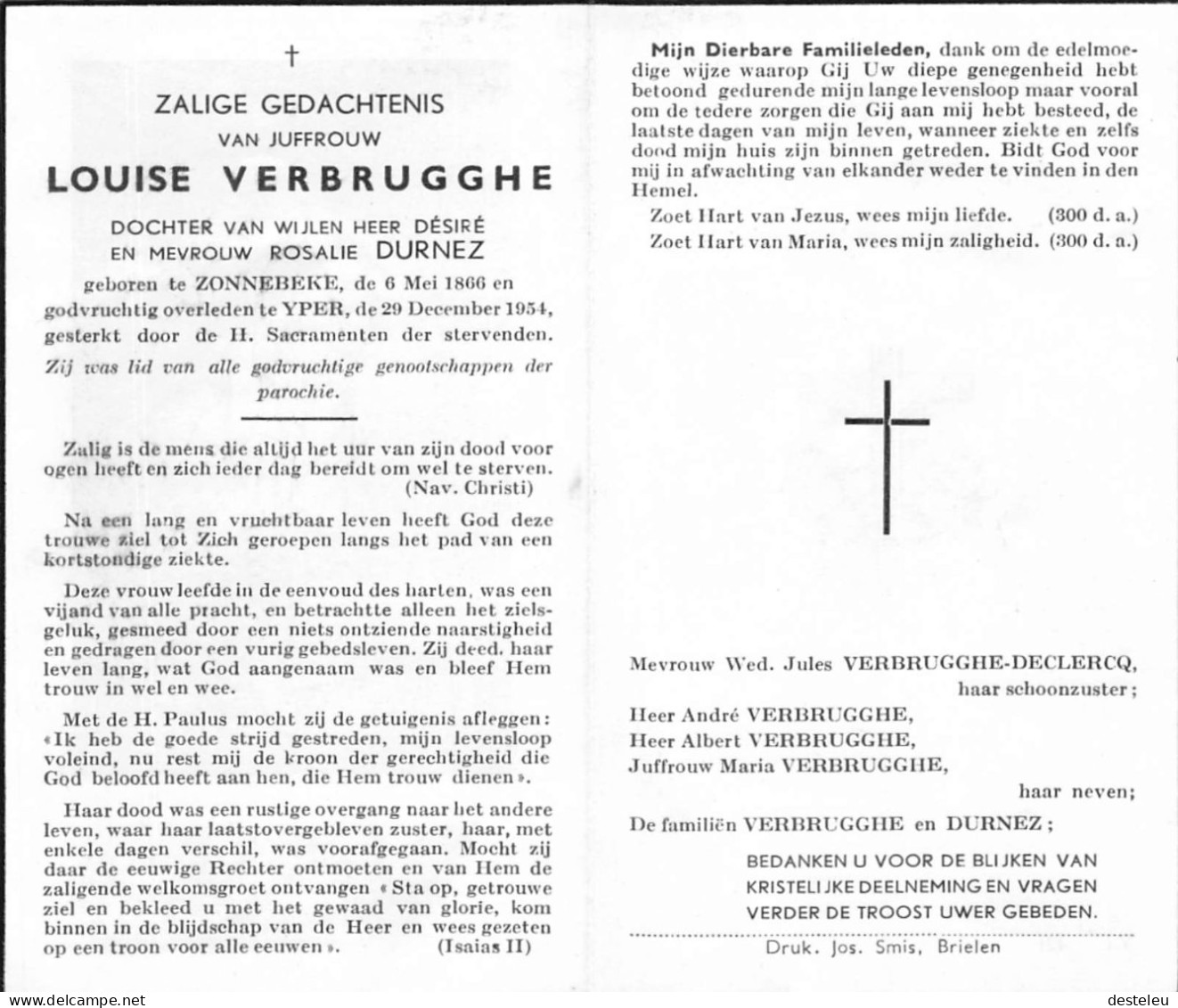 Doodsprentje / Image Mortuaire Louise Verbrugghe - Durnez - Zonnebeke Ieper 1866-1954 - Obituary Notices