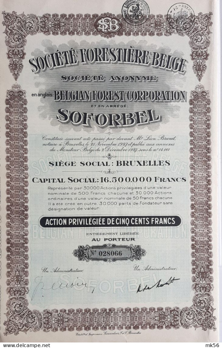 Société Forestière Belge - SOFORBEL - Bruxelles - 1927 - Other & Unclassified