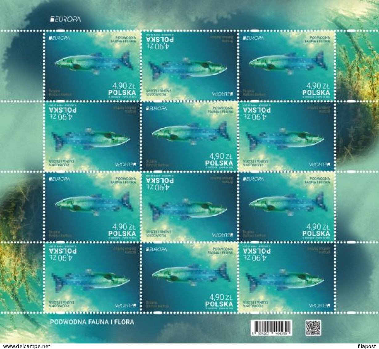 Poland 2024 / Underwater Fauna And Flora, Fish, Chemical Elements, Barbus Barbus, Animals / MNH** Full Sheet Of Stamps - Ungebraucht