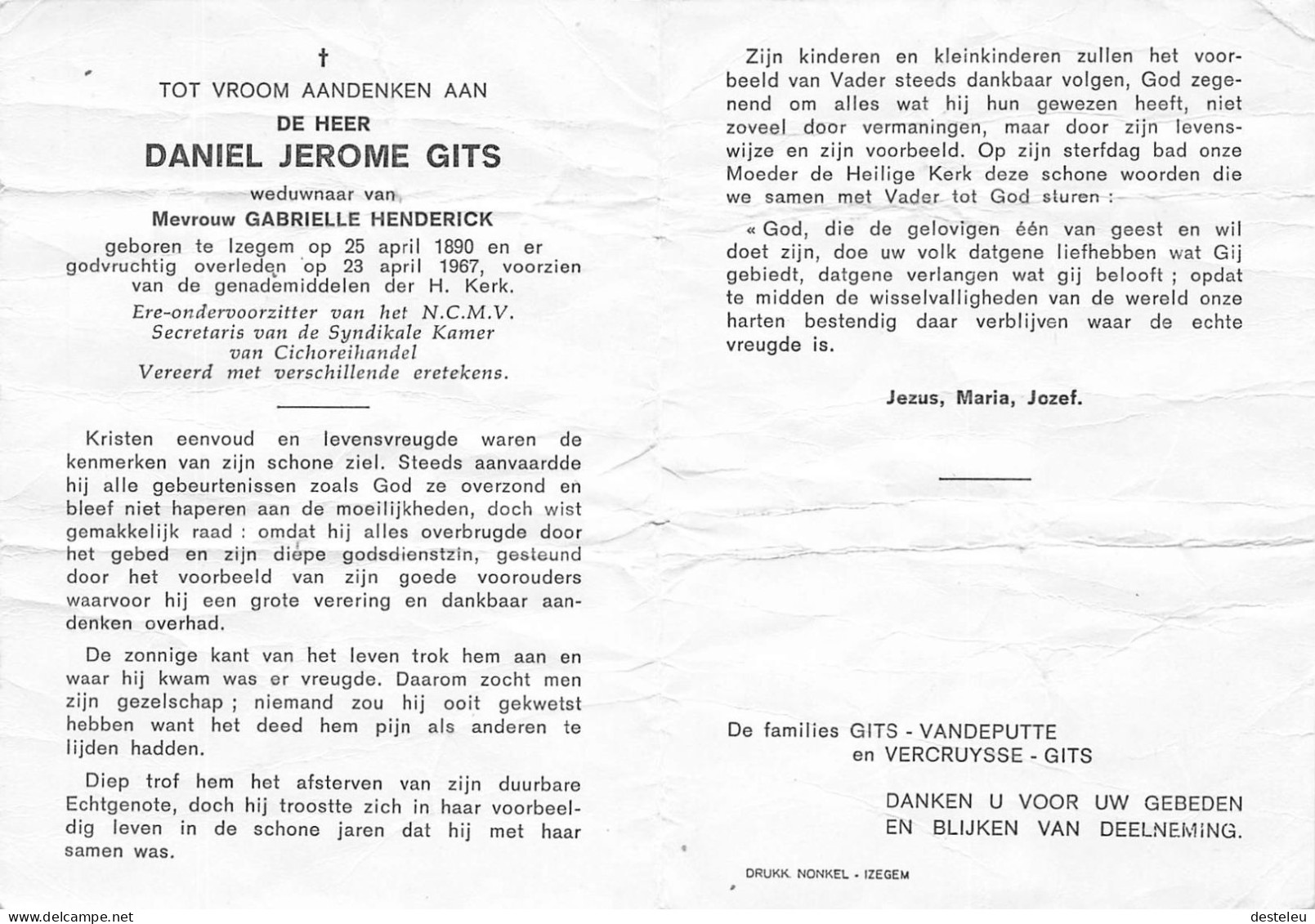 Doodsprentje / Image Mortuaire Daniel Gits - Henderick - Izegem 1890-1967 - Décès