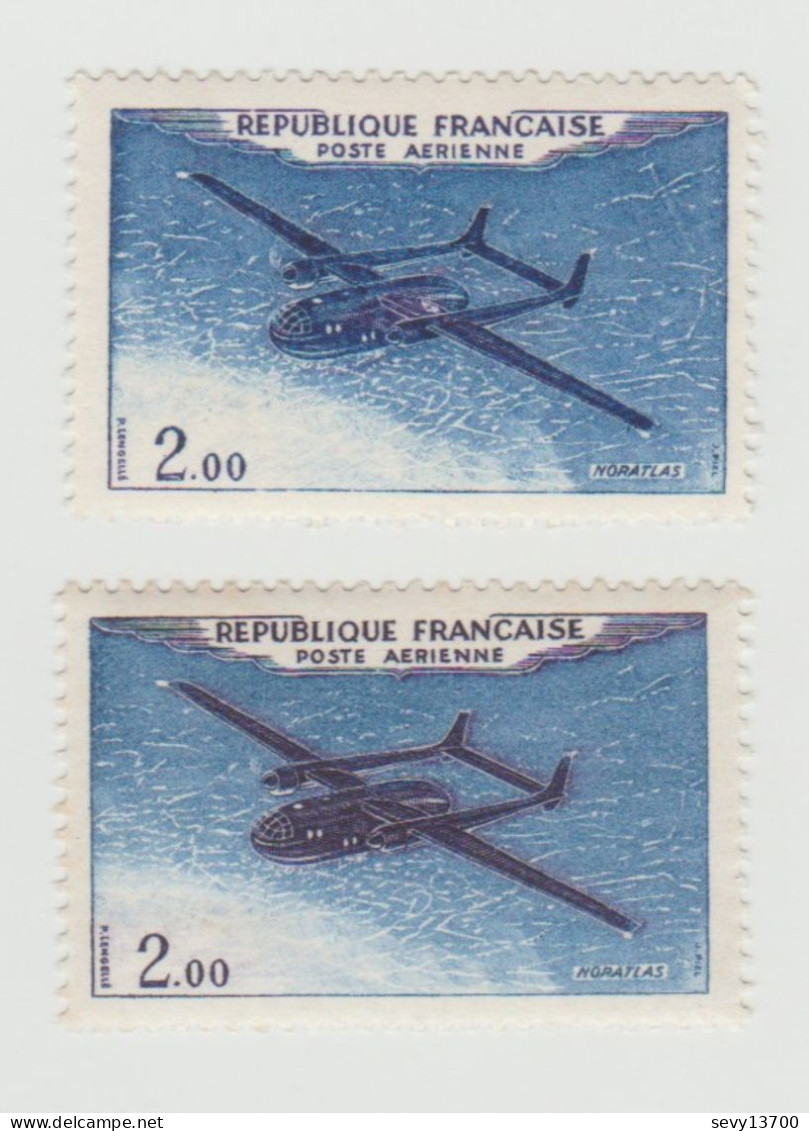 France 1960 2 Timbres Neufs PA N° 38 Noratlas Point Blanc Sur L'aile Gauche Différence De Couleur Avion Violet - 1960-.... Neufs