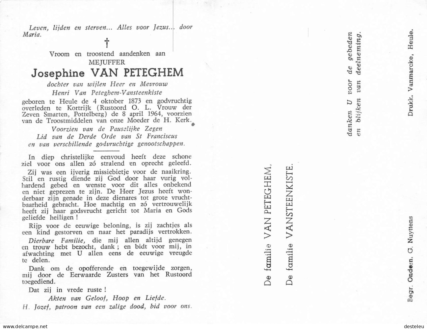 Doodsprentje / Image Mortuaire Josephine Van Peteghem - Vansteenkiste - Heule Kortrijk 1873-1964 - Obituary Notices
