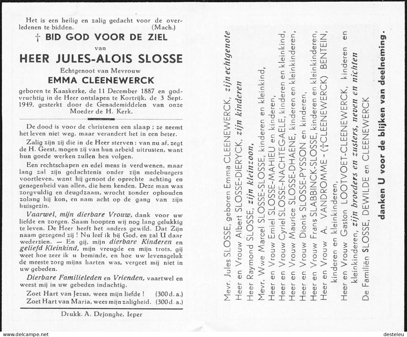 Doodsprentje / Image Mortuaire Jules Slosse - Cleenewerck - Kaaskerke Kortrijk 1887-1949 - Obituary Notices
