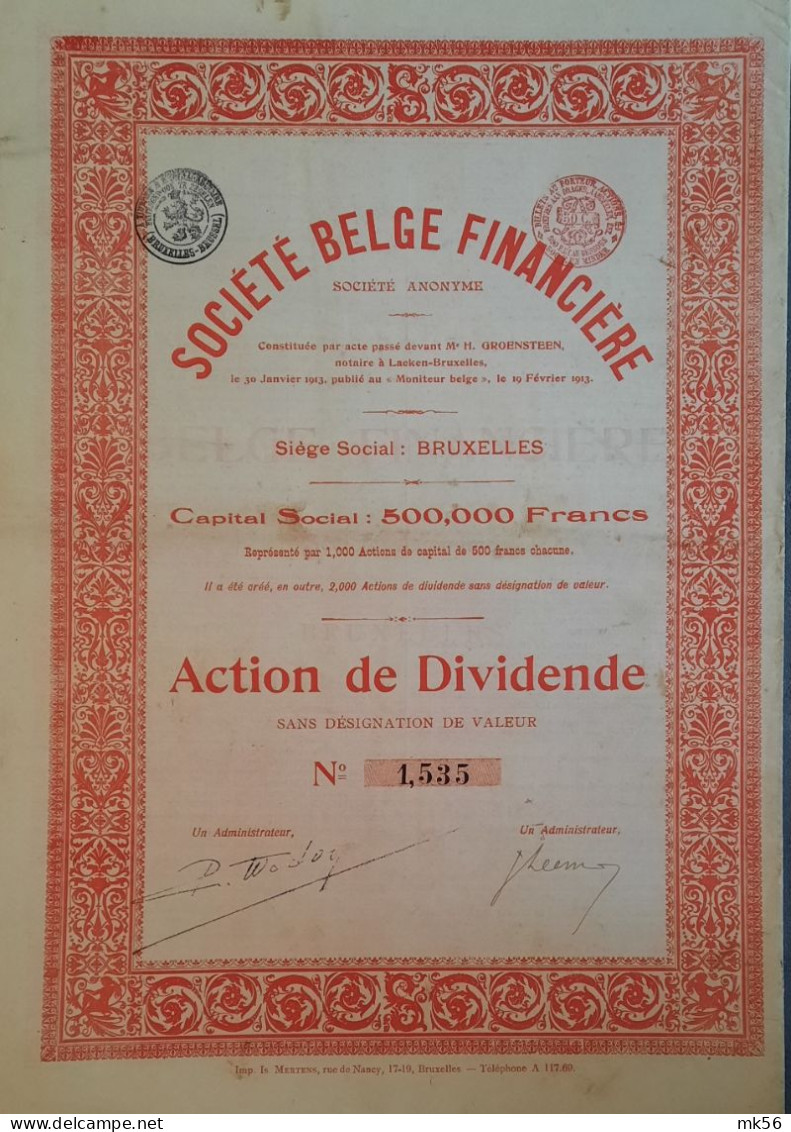 S.A. Société Belge Financière  - Action De Dividende  1913 - Bruxelles - Banque & Assurance