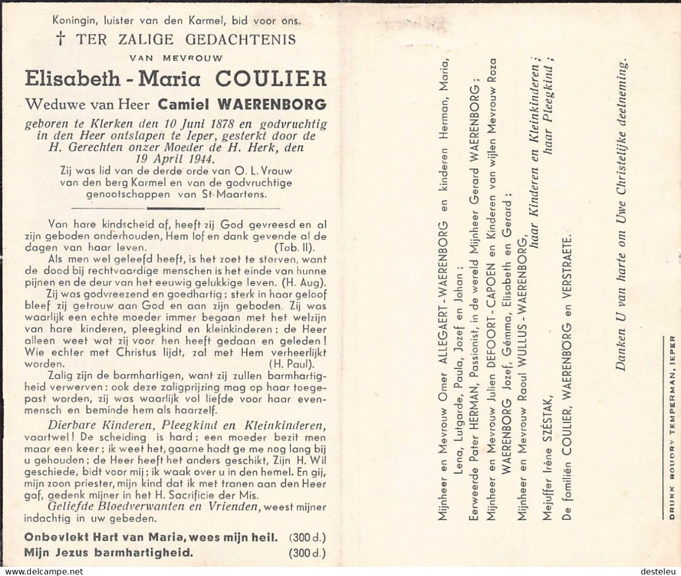 Doodsprentje / Image Mortuaire Elisabeth Coulier - Warenborg - Klerken 1878-1944 - Obituary Notices