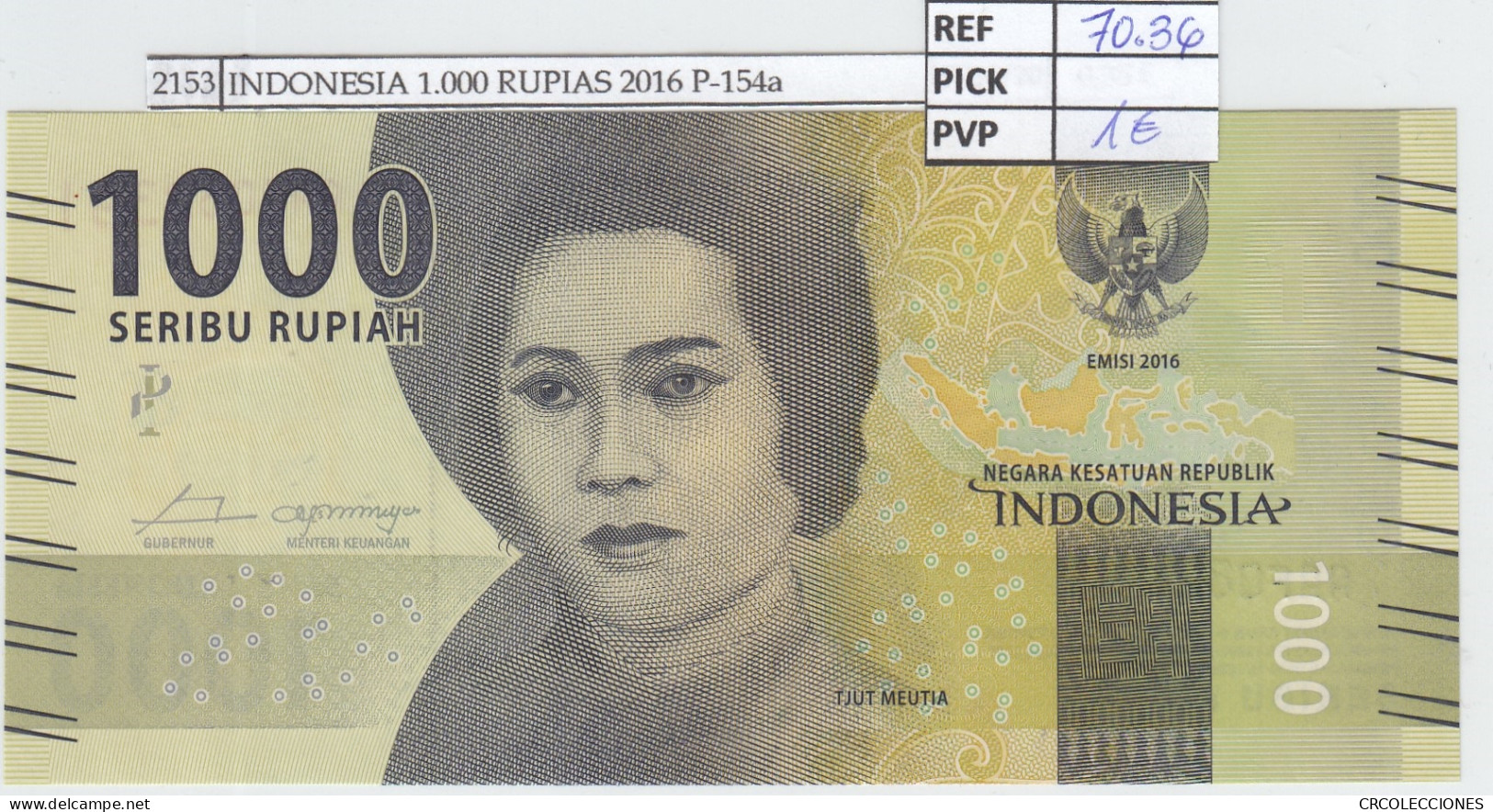 BILLETE INDONESIA 1.000 RUPIAS 2016 P-154a - Autres - Asie