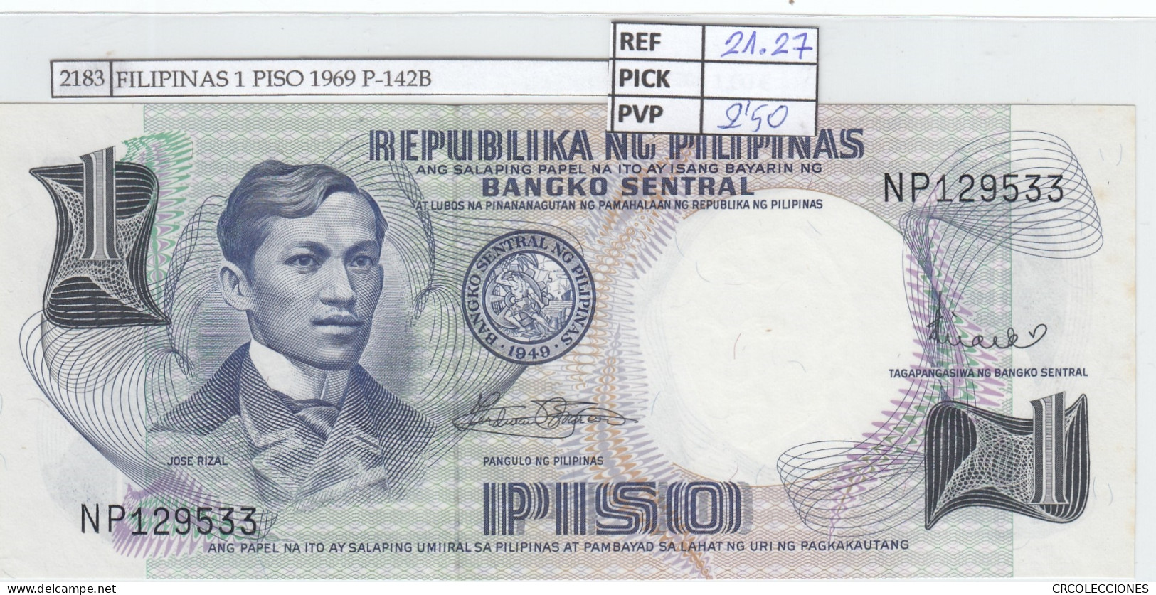 BILLETE FILIPINAS 1 PISO 1969 P-142B - Autres - Asie