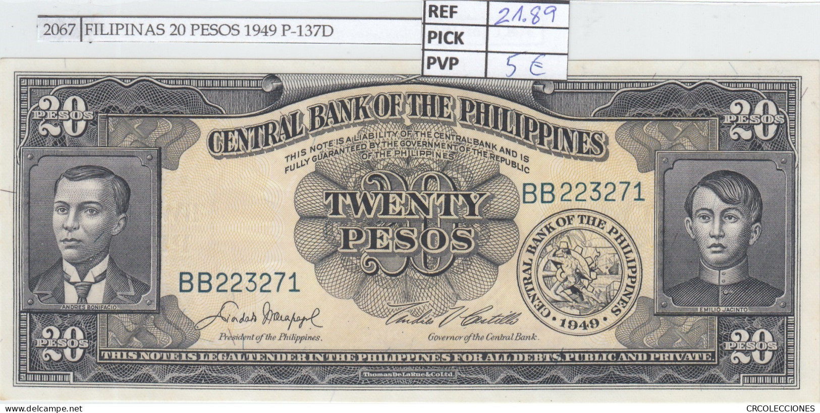 BILLETE FILIPINAS 20 PESOS 1949 P-137D - Autres - Asie