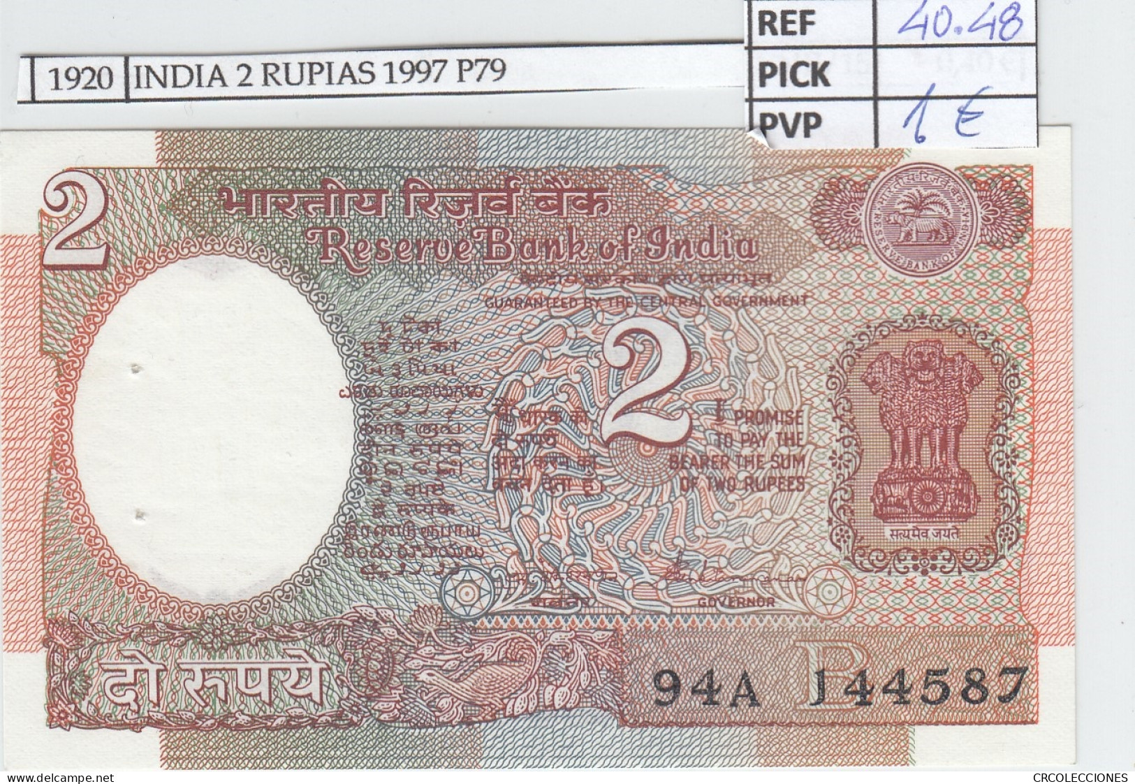 BILLETE INDIA 2 RUPIAS 1997 P-79l  - Andere - Azië