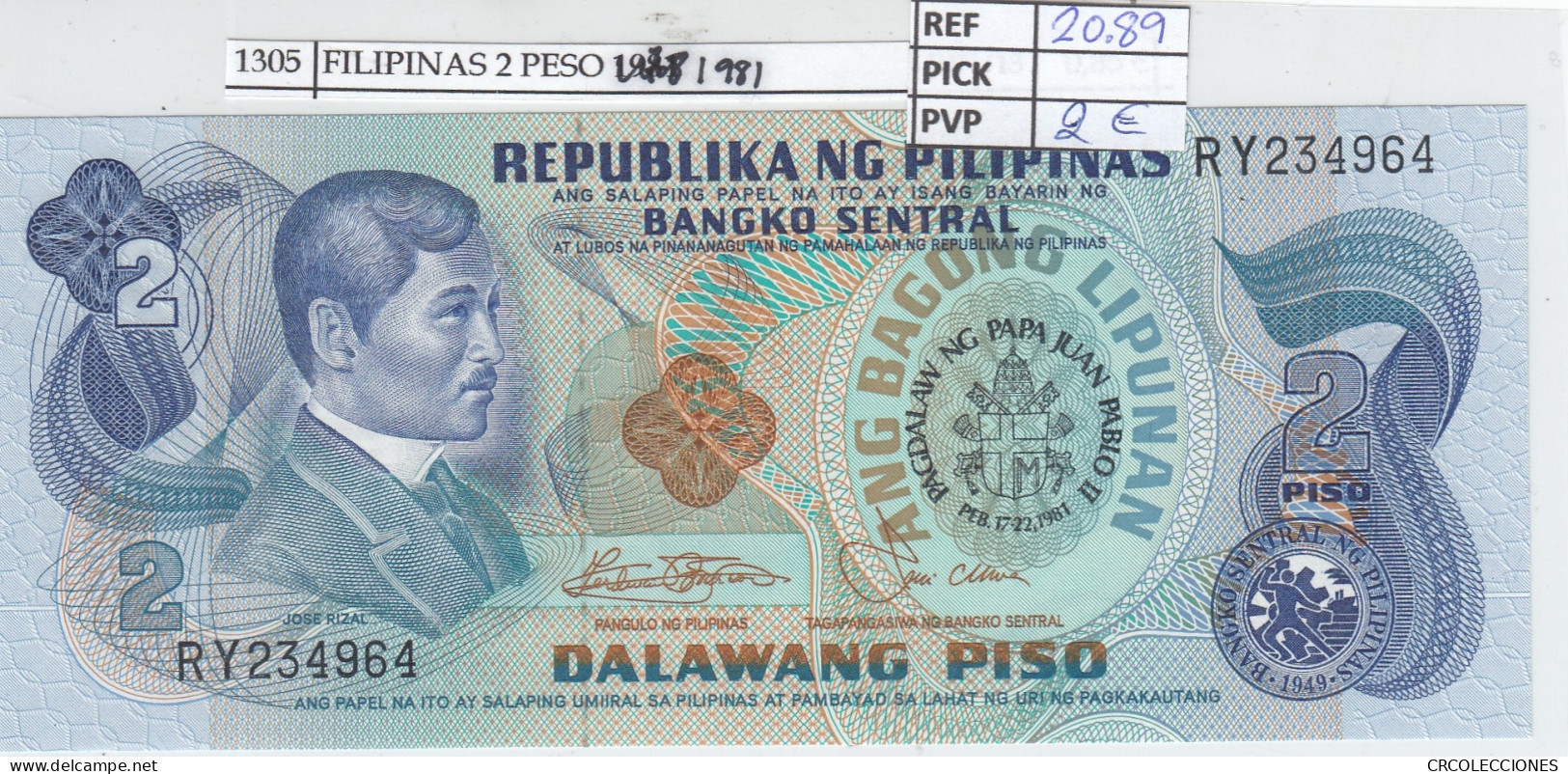 BILLETE FILIPINAS 2 PESO 1981 P-166  - Sonstige – Asien