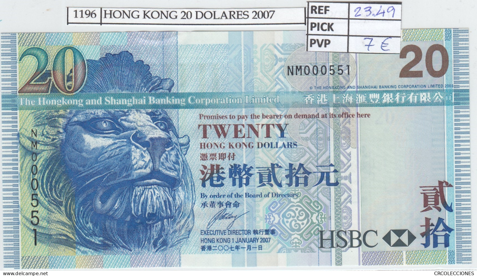 BILLETE HONG KONG 20 DOLARES 2007 P-207d  - Autres - Asie