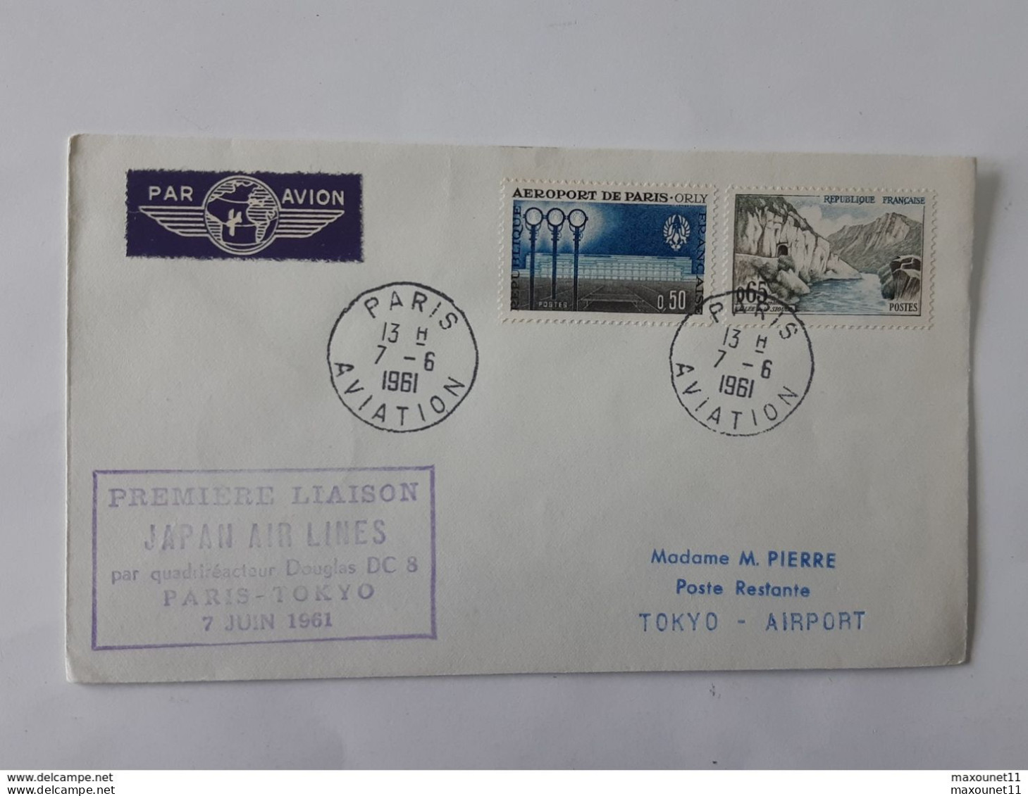 Aviation - Enveloppe Premiere Liaison Japan Air Lines - Paris -Tokyo Du 7-6-1961 - Douglas DC 8... Lot110 . - 1960-.... Covers & Documents