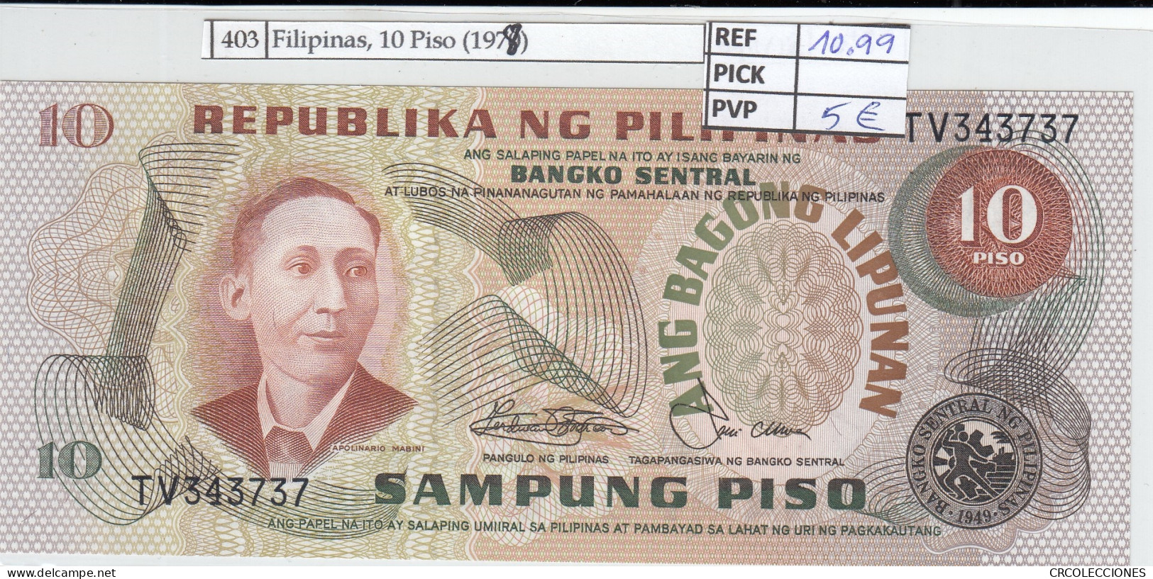 BILLETE FILIPINAS 10 PISO 1978 P-161B - Autres - Asie