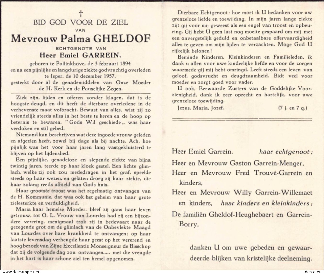 Doodsprentje / Image Mortuaire Palma Gheldof - Garrein - Polinkhove 1894-1957 - Avvisi Di Necrologio