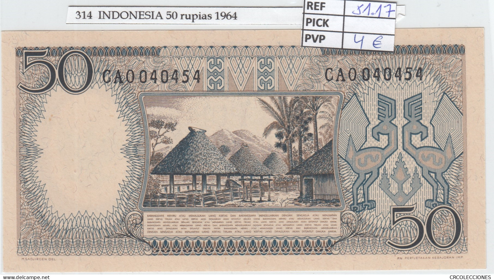 BILLETE INDONESIA 50 RUPIAS 1964 P-96 - Autres - Asie