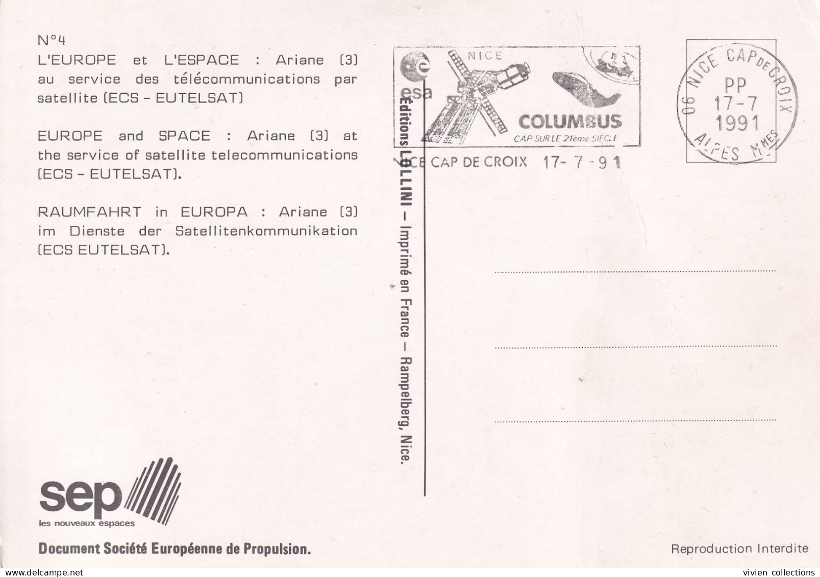 1er Jour De La Flamme Columbus Port Payé PP Nice (06) Cap De Croix 17/071991 Agence Spatiale Européenne - Mechanical Postmarks (Advertisement)