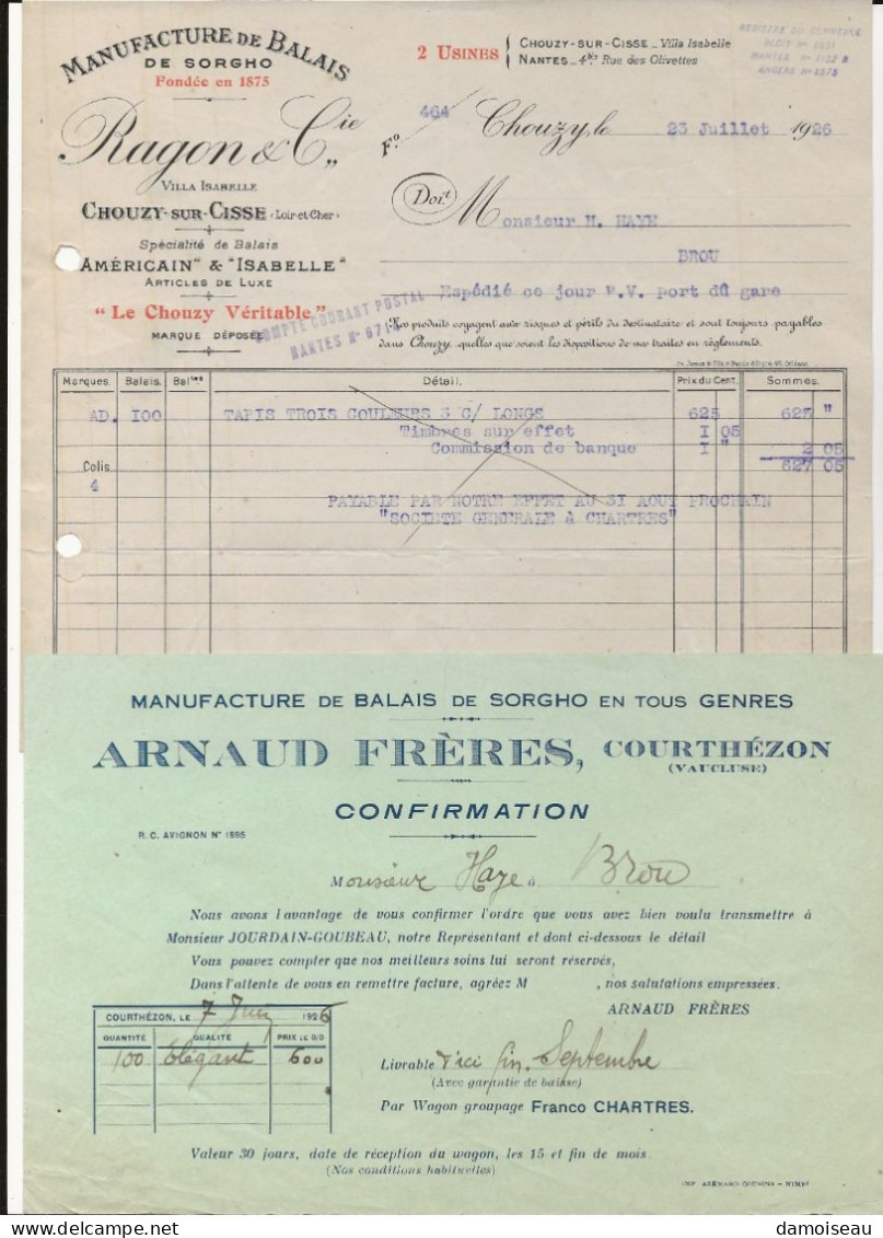 2 Factures, Manufacture De Balais De Sorgho, Ragon & Cie. Chouzy Sur Cisse Et Arnaud Frères Courthézon, 1926. - 1900 – 1949
