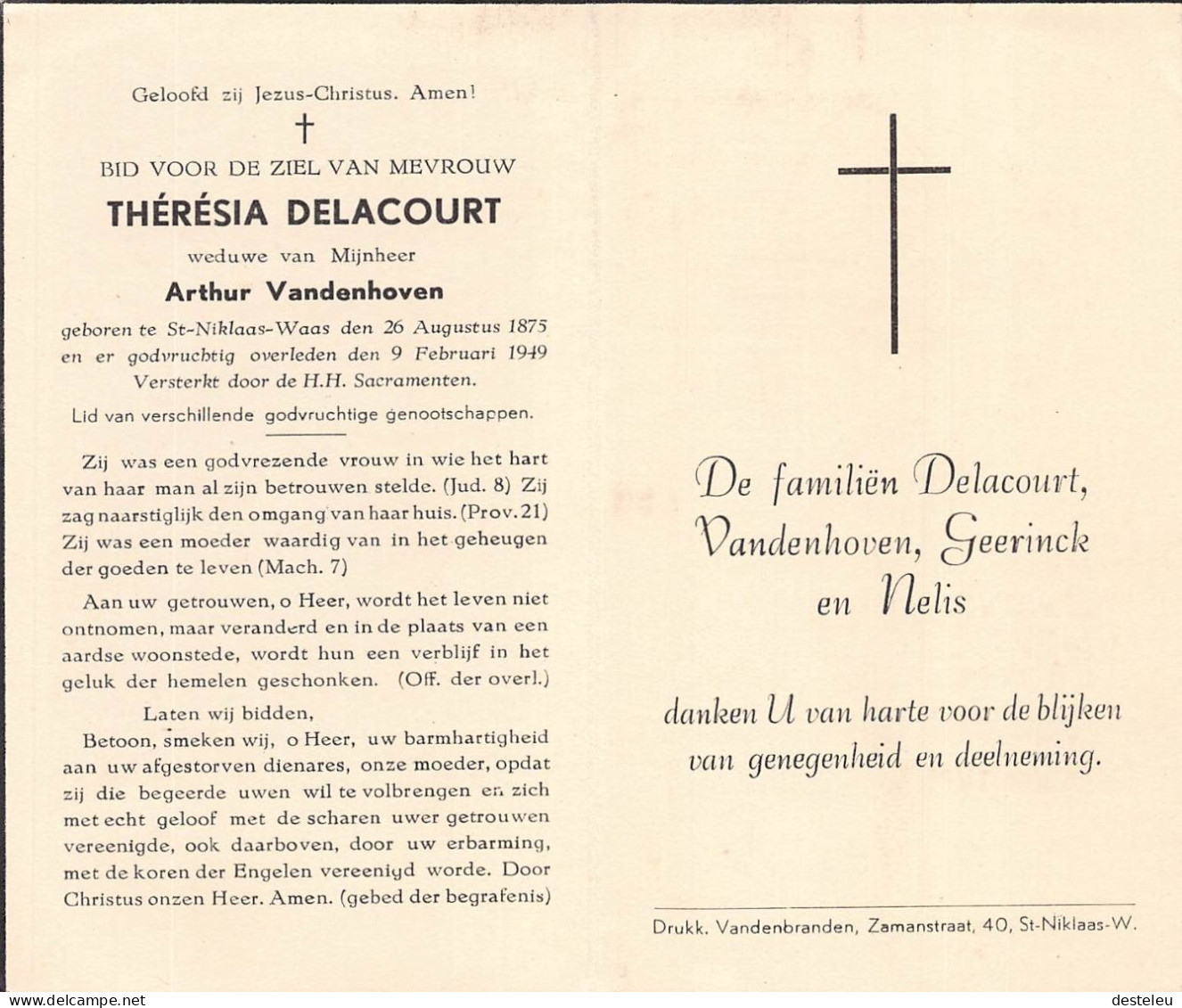 Doodsprentje / Image Mortuaire Thérésia Delacourt - Vandenhoven - Sint-Niklaas-Waas 1875-1949 - Décès