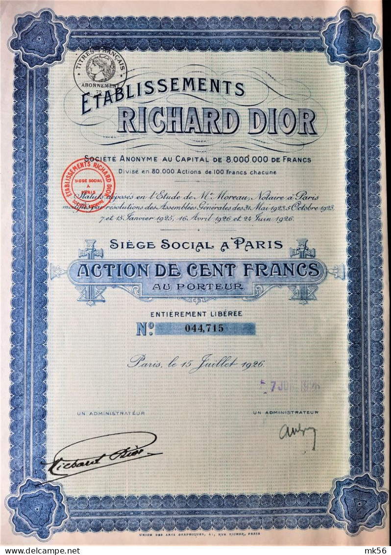 Etablissements Richard Dior - Paris - 1926 - Action De 100 Francs - Autres & Non Classés