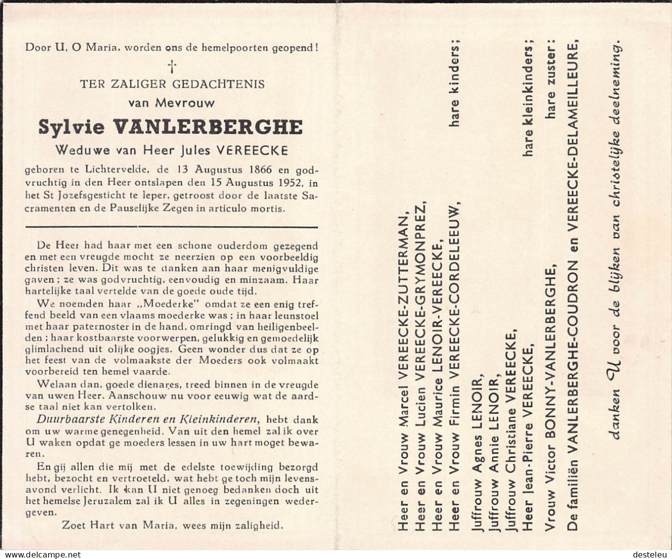 Doodsprentje / Image Mortuaire Sylvie Vanlerberghe - Vereecke - Lichtervelde Ieper 1866-1952 - Décès