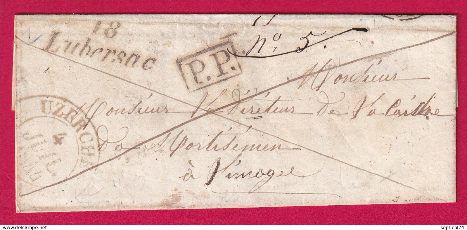 CURSIVE 18 LUBERSAC CORREZE + PP CAD TYPE 13 UZERCHE POUR LIMOGES HAUTE VIENNE LETTRE - 1801-1848: Précurseurs XIX