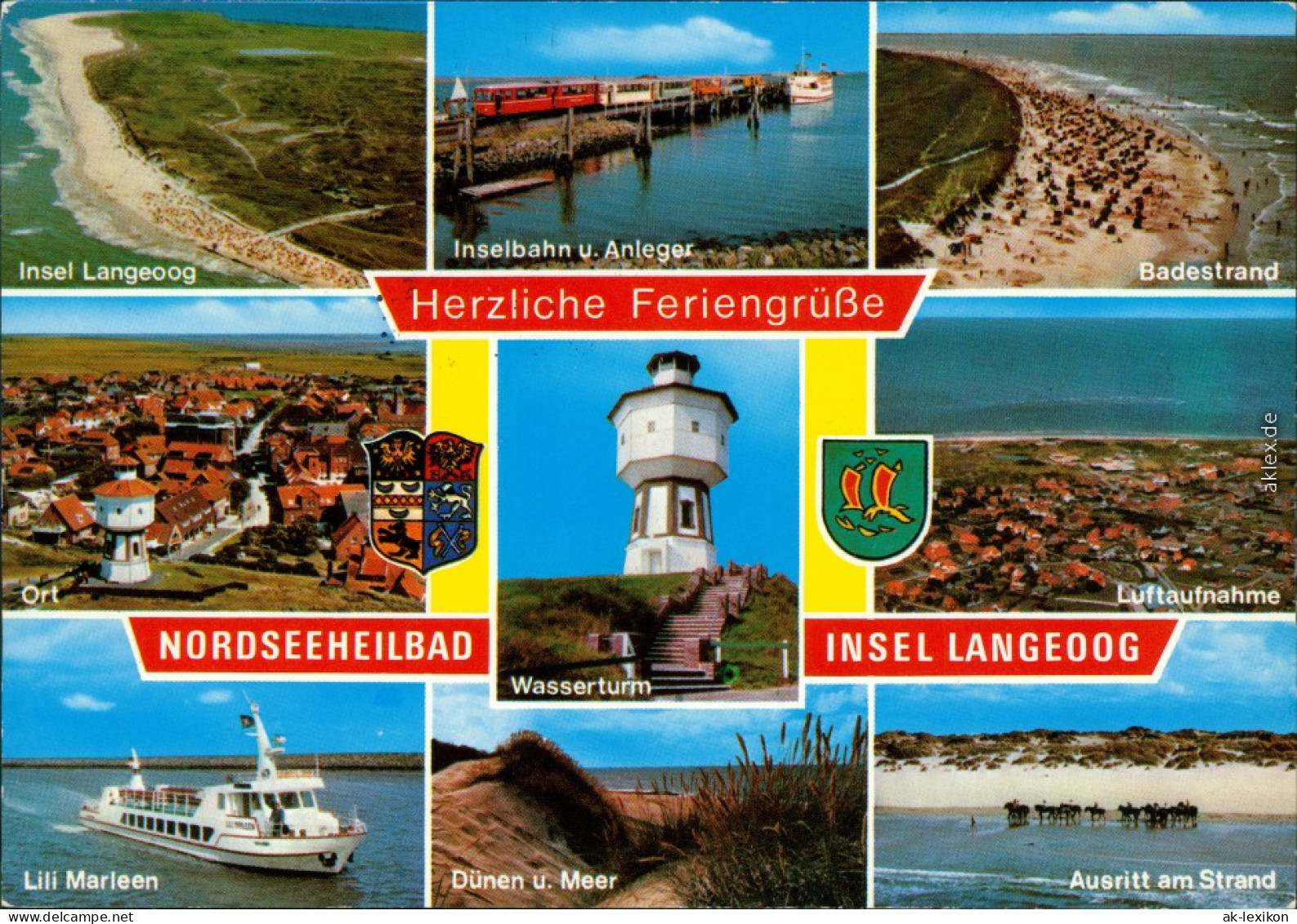 Langeoog Insel: Inselbahn Anleger Badestrand Luftbild Wasserturm Schiff 1979 - Langeoog