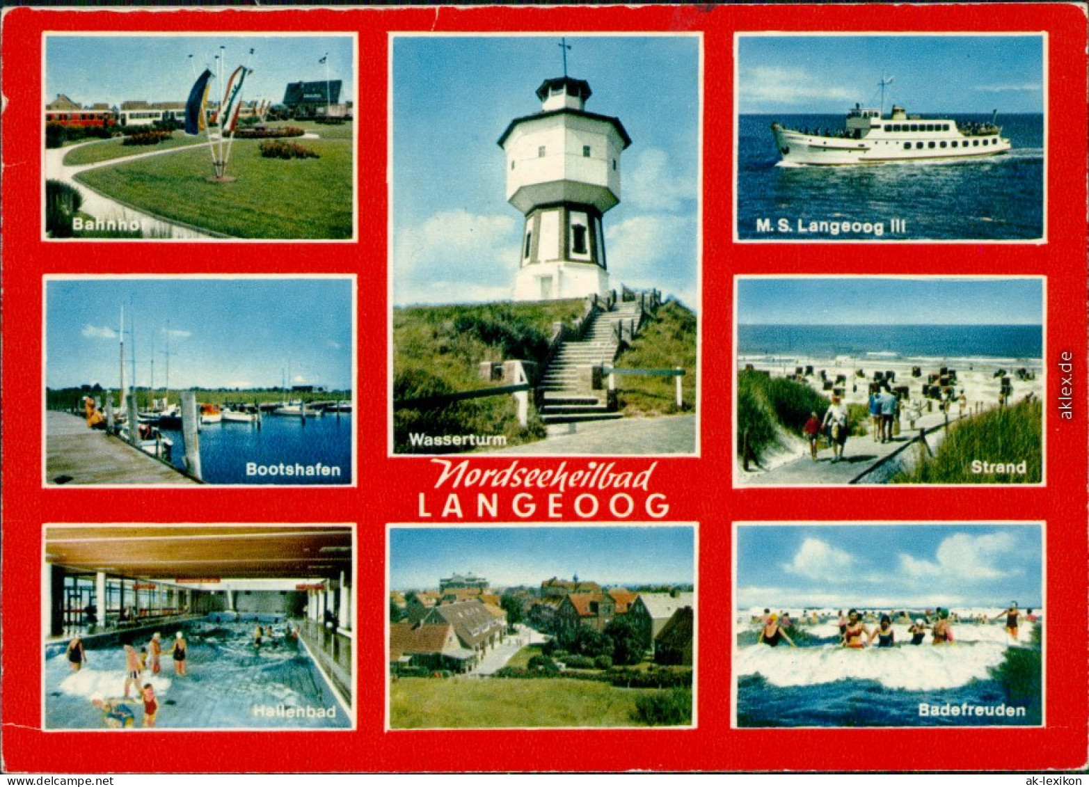 Langeoog Bahnhof, Bootshafen, Hallenbad, Strand, Schiff M.S. Langeoog III 1975 - Langeoog