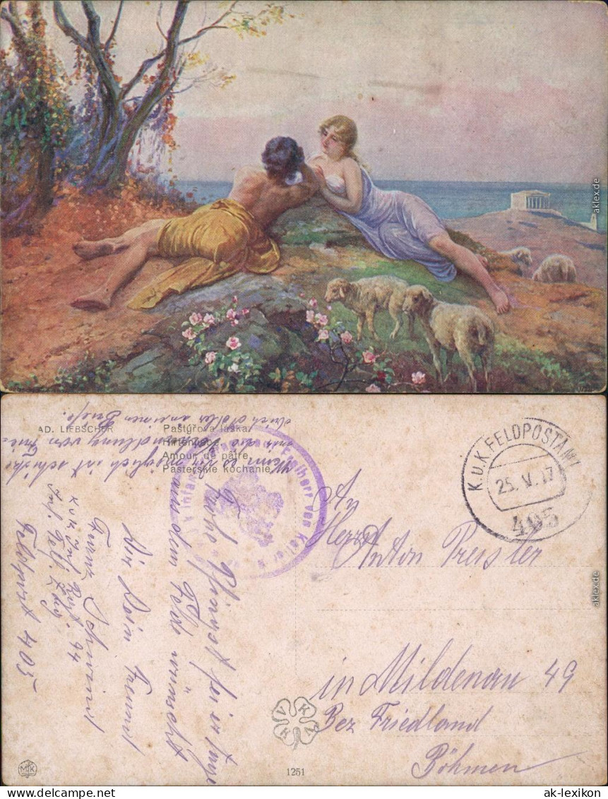 Ansichtskarte  Künstlerkarte: Hirtenliebe Von AD. Liebscher 1917 - Peintures & Tableaux