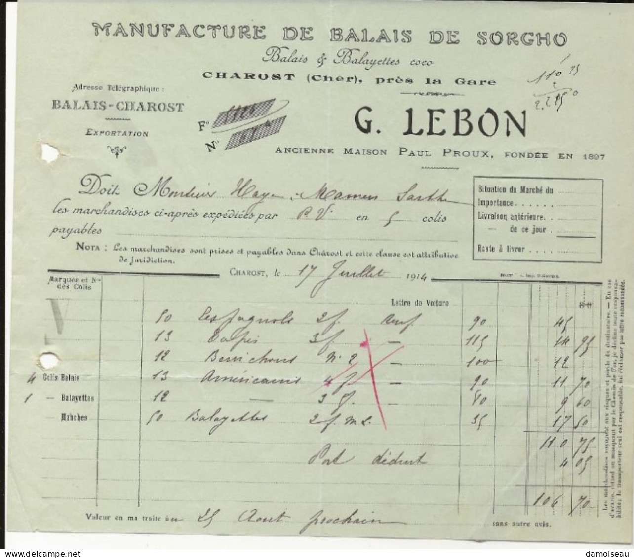 2 Factures, Manufacture De Balais De Sorgho, Charost, G. Lebon, 1914 - 1900 – 1949