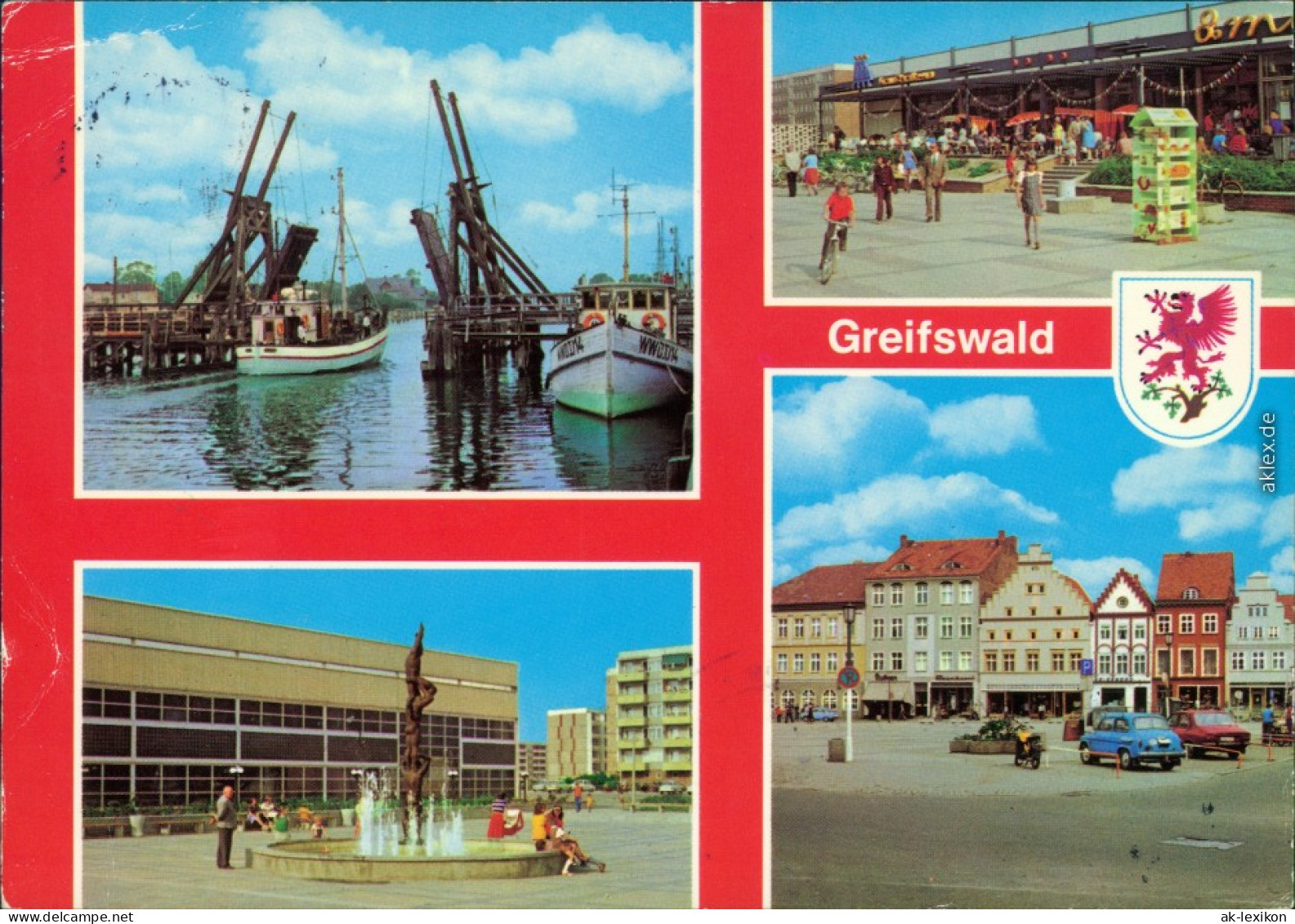 Greifswald Wiecker Klappbrücke, Kaufhalle, Plastik  Sporthalle G1986 - Greifswald