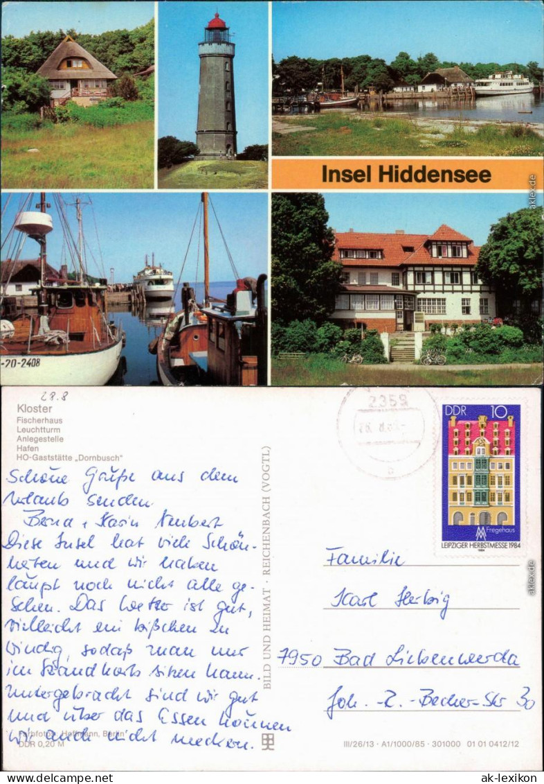 Kloster, Fischerhaus, Leuchtturm,   Hafen, HO-Gaststätte "Dornbusch" G1985 - Hiddensee