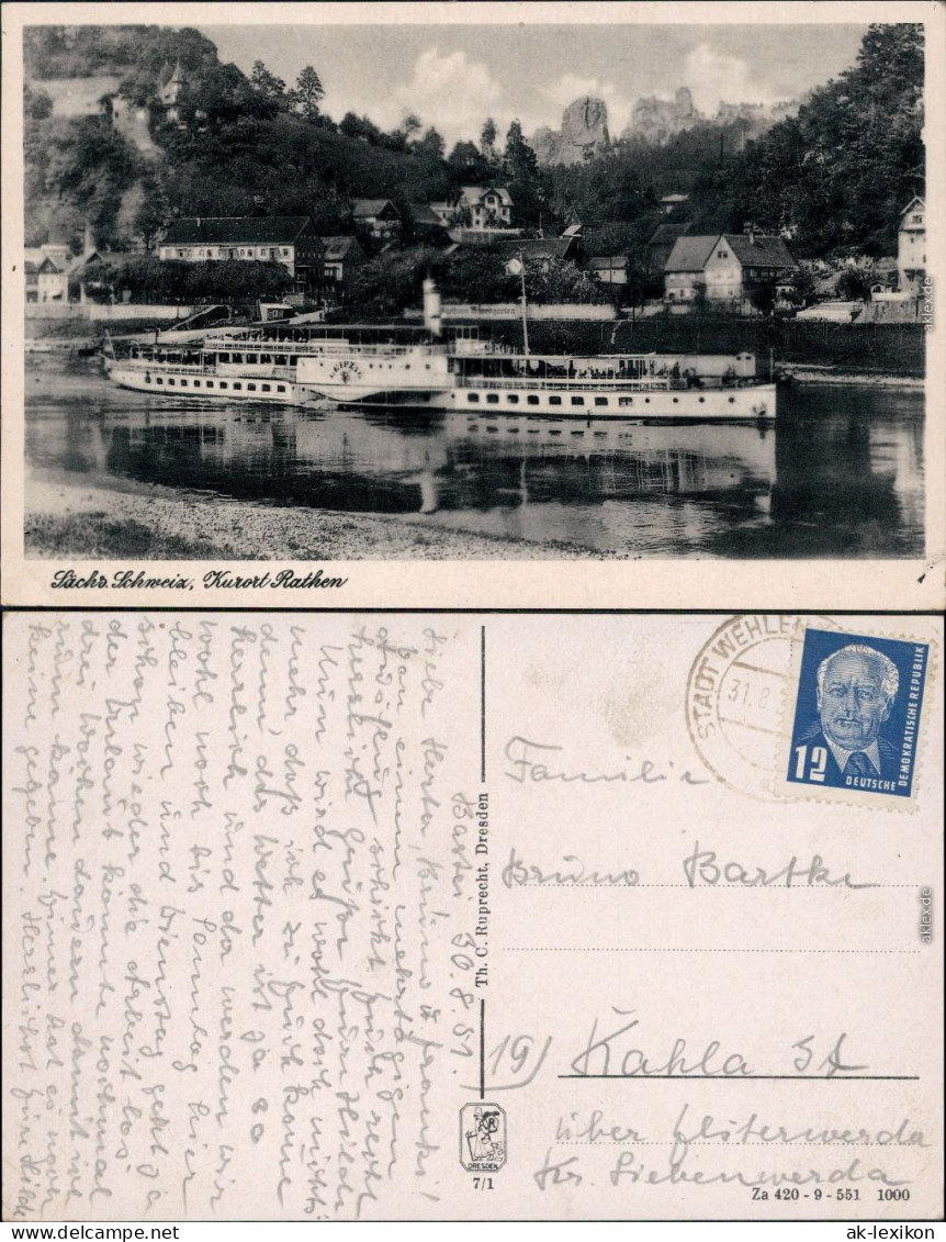 Ansichtskarte Rathen Dampfer Leipzig Vor Rathen 1951 - Rathen