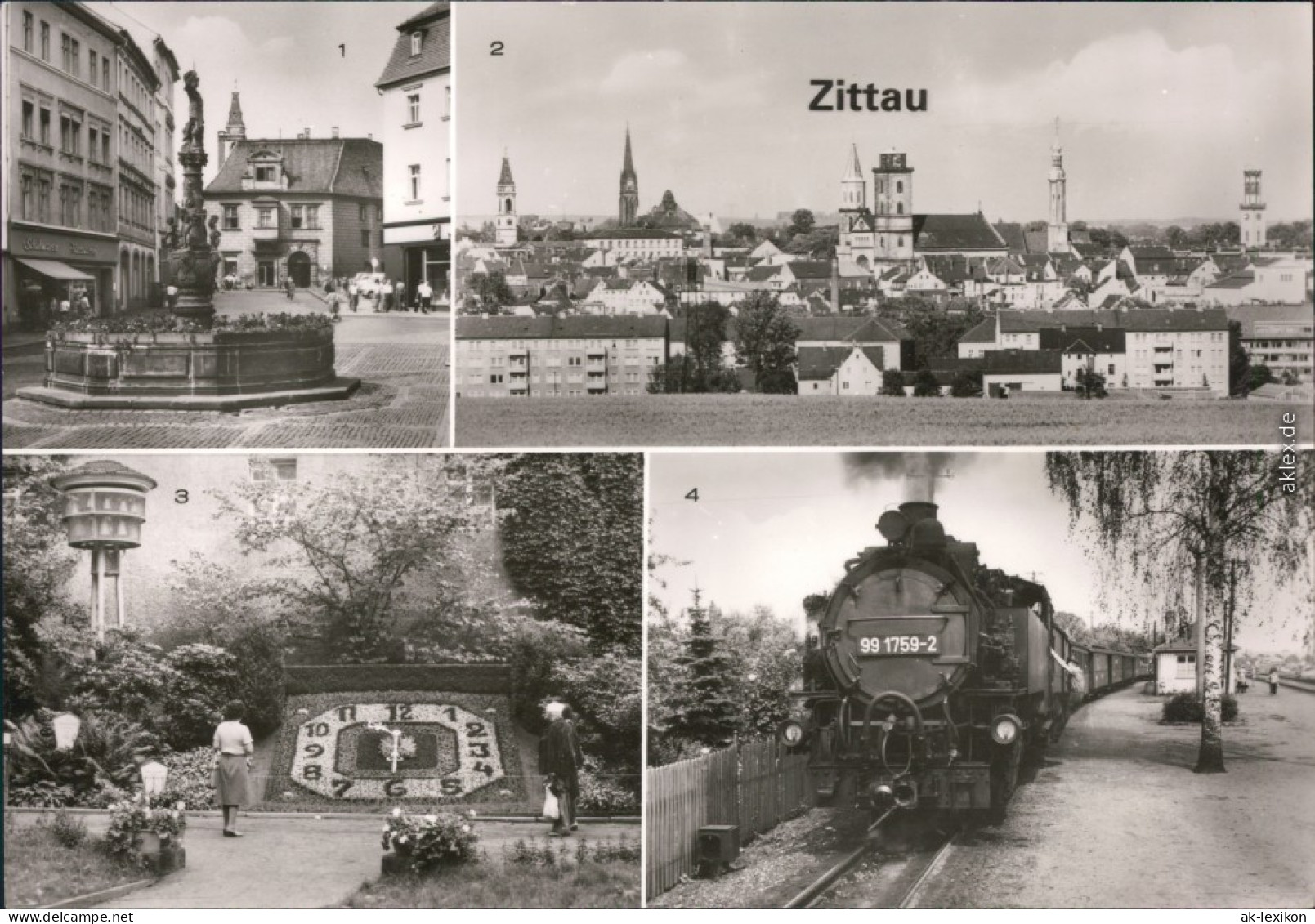 Zittau Rolandbrunnen,  Blumenuhr, Meißner Porzellanglockenspiel, Kleinbahn 1982 - Zittau