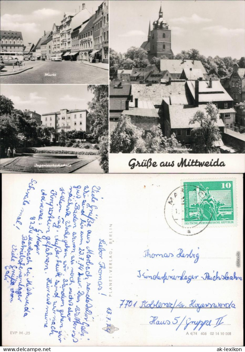Ansichtskarte Mittweida Markt, Ingenieurhochschule, Alt-Mittweida 1974 - Mittweida