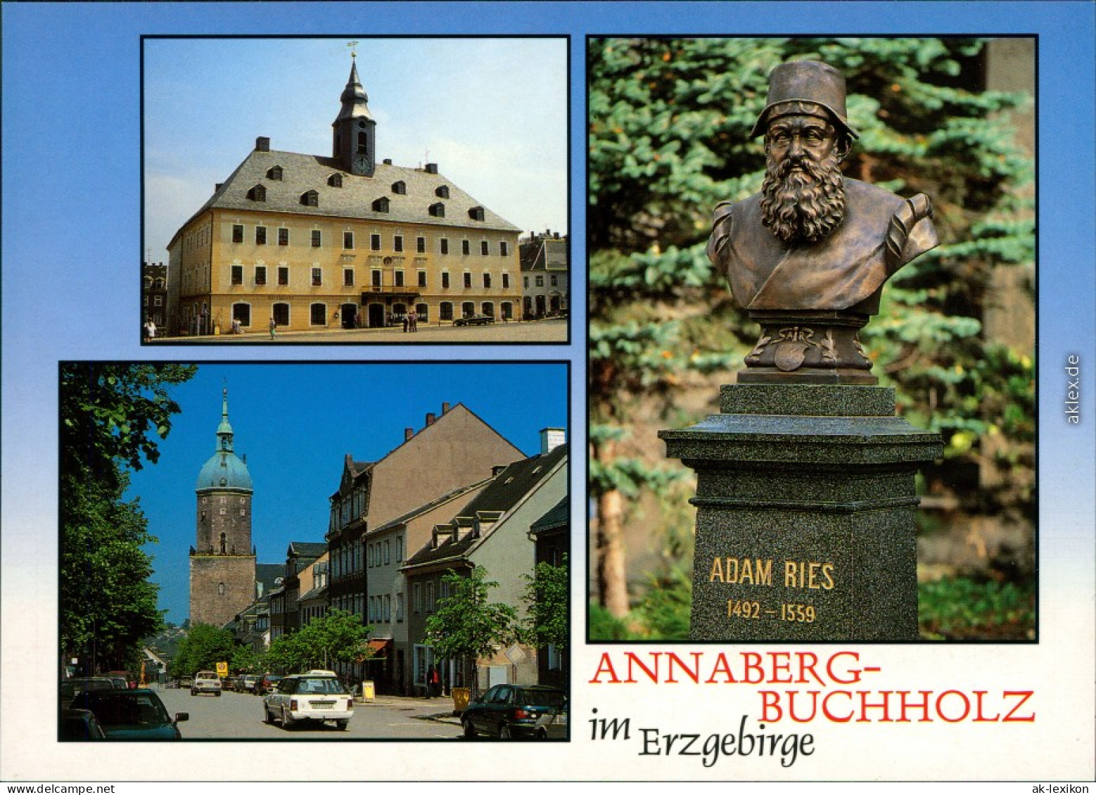 Ansichtskarte Annaberg-Buchholz Rathaus, Kirchgasse, Adam-Ries-Denkmal 1995 - Annaberg-Buchholz