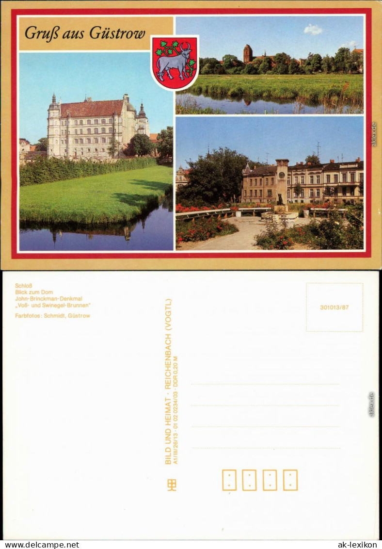 Ansichtskarte Güstrow Schloss, Dom, John-Brinckman-Denkmal Mit Brunnen 1987 - Guestrow